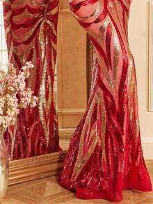 yanchunxier 1件女士红色亮片刺绣优雅正式连衣裙，性感无肩带，针织面料修身长款鱼尾裙摆，适合派对/婚礼/正式晚宴/休闲场合 - 紅色 - 查看 11