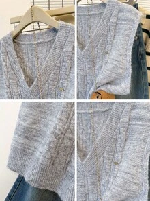 JIANHU Preppy Cable Knit V-Neck Sweater Vest For Fall Layering - Light Grey - View 8