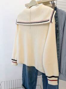 JIANHU 奶油色水手领针织开衫 - 秋冬款，黑红条纹饰边，4 颗纽扣 | 圣诞派对和校园约会 - 白色 - 查看 6