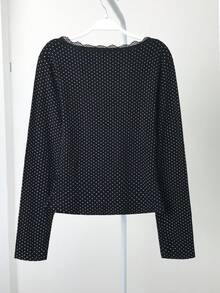 法式蕾丝波点荷叶边V领长袖女士春季修身吊带背心 - 黑色 - 查看 7