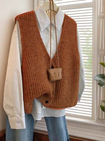 JIANHU 秋冬女士粗针织毛衣背心，舒适 V 领无袖套头衫，感恩节和返校季休闲分层造型