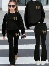 Set de 2 piezas de sudadera con estampado de leopardo y lazo y pantalones acampanados para niña preadolescente, ropa casual cómoda y de moda, atuendo de regreso a la escuela