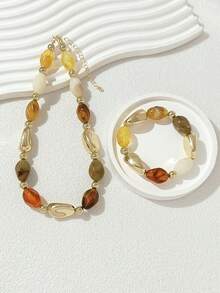 2pcs Vintage Bohemian Style Multicolor Acrylic Beaded Necklace & Bracelet Jewelry Set For Women - Multicolor - View 4
