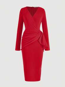 女士纯色优雅休闲舒适针织V领不对称/不规则中长修身连衣裙，适合休闲、派对、商务、办公、生日派对、婚礼宾客、感恩节、新年、母亲节、春夏秋冬等场合。 - 紅色 - 查看 6