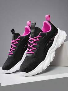 Women's Hiking Shoes, Black Pink Knit Sneakers With Thick Wave Sole, Breathable Mesh Comfortable Walking Shoes For Outdoor, Fashion Ankle Chain Gift For Her - 黑粉 - 查看 5