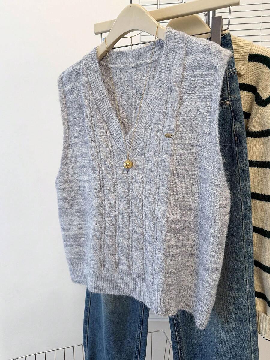 JIANHU Preppy Cable Knit V-Neck Sweater Vest For Fall Layering - Light Grey - View 1