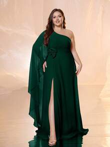 SUPGIR Plus Women's One-Shoulder Floating Piece Sleeve Slim-Fitting Three - Dimensional Flower Slit Chiffon Evening Dress - Dark Green - View 4