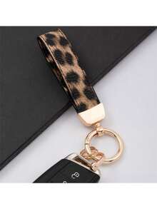 1pc Leopard Print Leather Car Key Chain, Unisex Key Holder Accessory