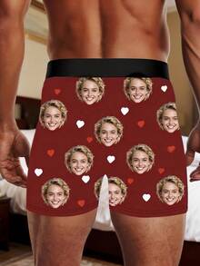 1pc Men's Customized Face & Personalized Text Print Burgundy Comfortable Briefs, Romantic Style Boxer Briefs, Valentine's Day Gift - Multicolor - View 6