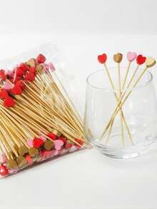 100pcs Heart-Shaped Bamboo Cocktail Picks/Appetizer Skewers/Natural High-Quality/Red, Golden, Pink/Valentine's Day, Wedding, Birthday, Christmas, Thanksgiving, New Year Party Supplies