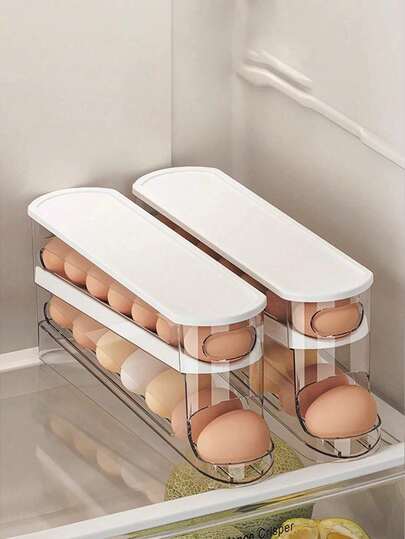 1pc Automatic Double-Layer Egg Holder, Keeps Eggs Fresh, Sliding Container Fits 12-14 Eggs - Zipper Design, Plastic Material, Non-Contact - Refrigerator Storage Rack, Kitchen Egg Tray