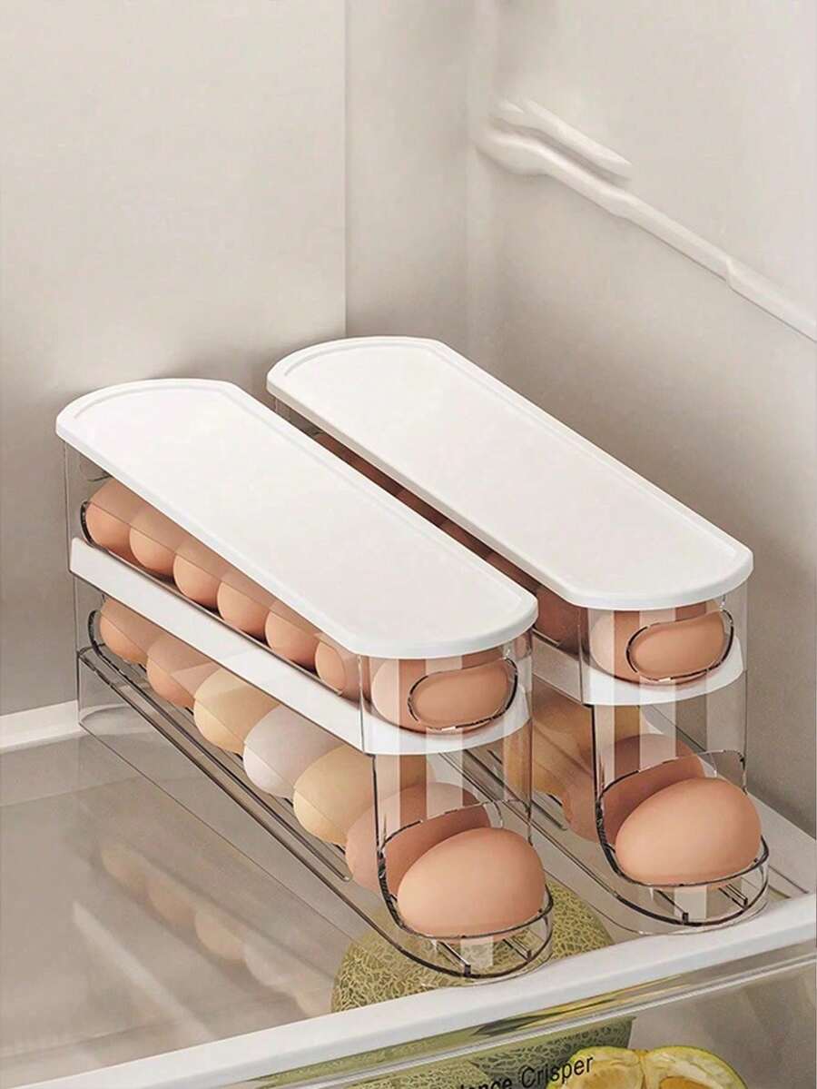 1 pieza Soporte automático de doble capa para huevos, mantiene los huevos frescos, contenedor deslizante que sostiene de 12 a 14 huevos - Diseño con cremallera, material de plástico, sin contacto - Organizador de refrigerador, bandeja para huevos de cocina - Multicolor - Ver 1