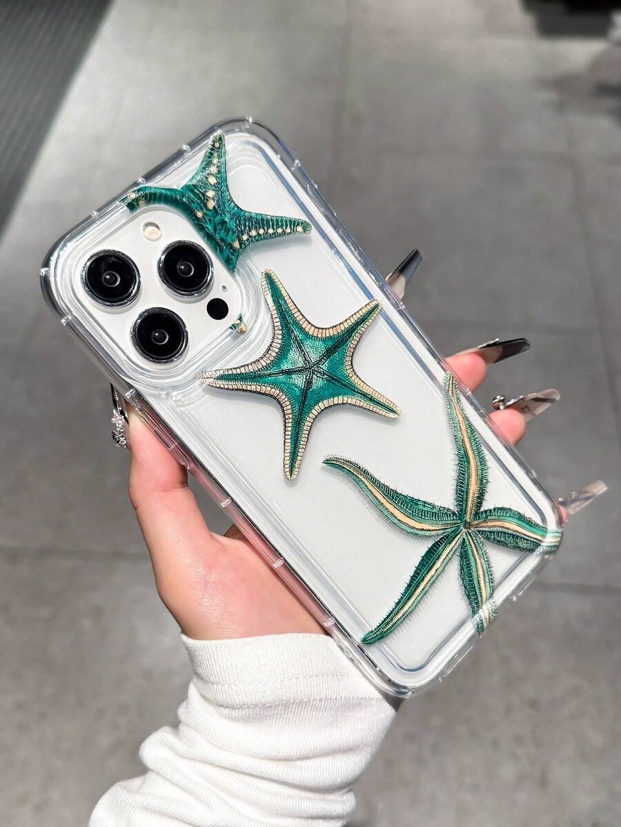 Étui de téléphone transparent avec design d'étoile de mer vert océan, compatible avec Apple 17/16, 14/13 Pro Max, 12 Pro, 11, Xr, Xs, 7/8 Plus, S10, S22, A12, A50, A52, S24, A135G et plus. Matériau TPU avec coussin d'air