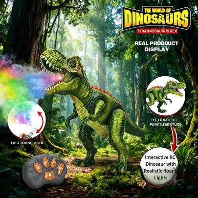 1pc Approx. 41cm ABS Plastic Remote Control Tyrannosaurus Rex Dinosaur Toy, Jurassic Style, Green+Red Spine, Dinosaur Shaped, LED Colorful Lights+Mist Spray Fire Effect, Wireless Remote Control, Dancing Mode, Automatic Walking, Electric Dinosaur Model, Birthday/Halloween/Children's Day/Party Interactive Toy