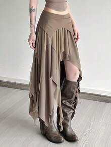 纯色休闲不对称拼接半身裙，适合居家休闲、外出聚会和春季聚会。 - 卡其色 - 查看 3