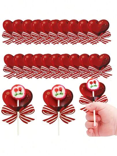 50pcs Red Heart-Shaped Lollipop Cardstock, Paper Candy Decorations For Valentine's Day, Wedding, Birthday, Anniversary - No Electricity Needed, Featherless, Holiday Party Supplies, Romantic Gifts | Heartshaped Design | Decorative Lollipop Sticks, Cute Gifts