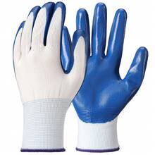 防滑丁腈涂层工作手套，园艺机械防护手套，蓝色弹性袖口多用途家用工具手套