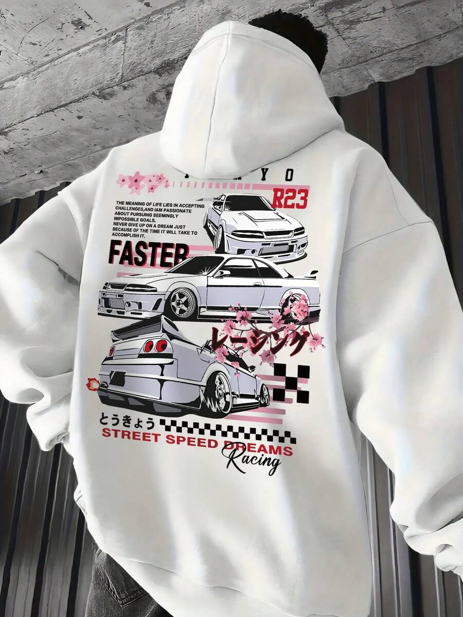 Men's Casual Fashionable Street Hoodie, Japanese Racing Style Slogan Print, Kangaroo Pocket, Drawstring, Suitable For Daily Commute, Autumn/Winter - White - View 1