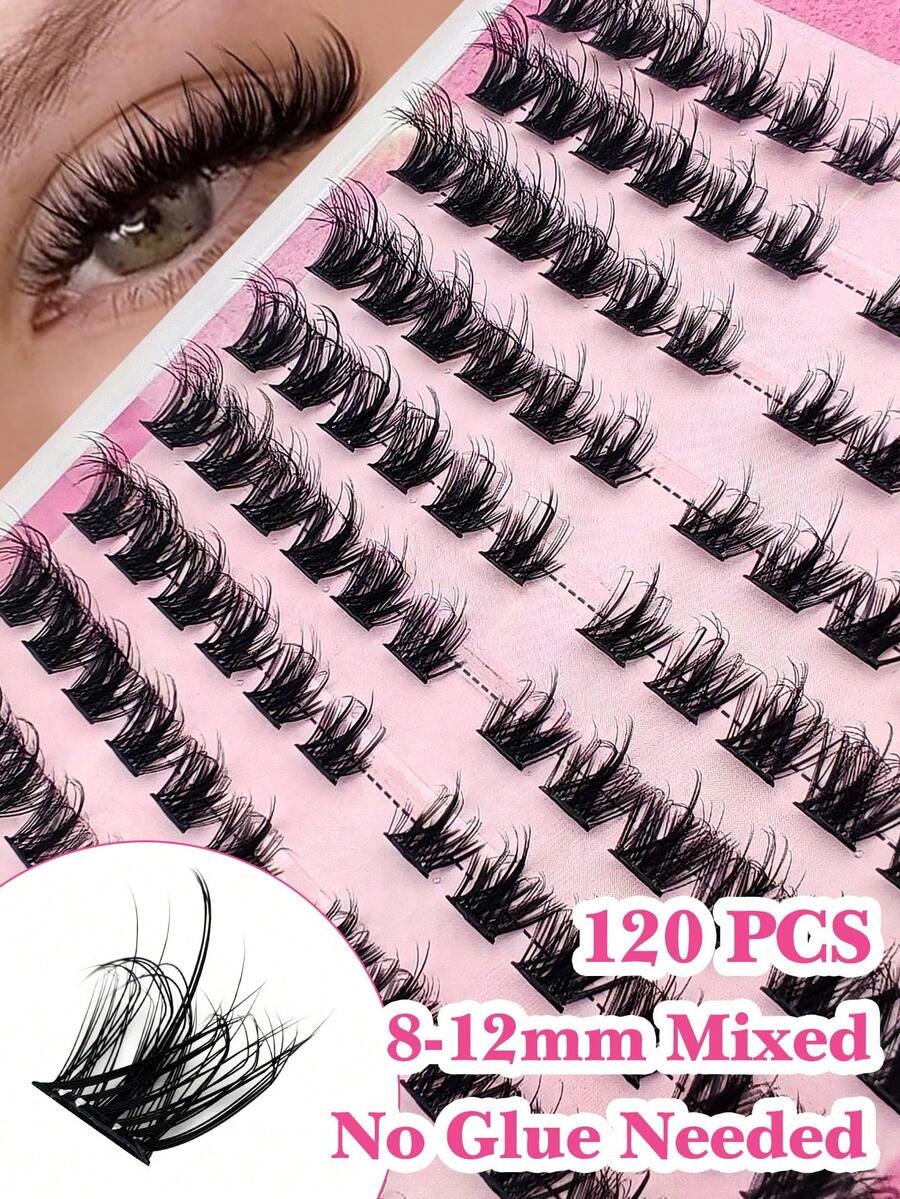 120pcs Self-Adhesive Fluffy & Thick False Eyelash Set, 8-16mm Mixed Length, No Glue Needed, Fluttery Individual Lashes, Self-Stick DIY Eyelash Extension, Pre-Glued Cluster Lashes, Natural & Lengthening, D-Curl, No Makeup Remover Required - Black - View 1