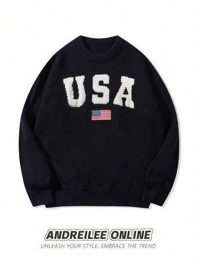 ANDREILEE 男女通用休闲圆领长袖美国字母和国旗图案针织套头衫，适合秋冬季穿着