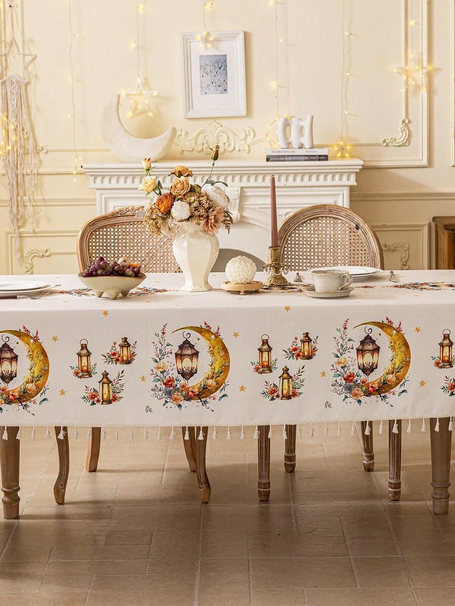 1pc Beige Tablecloth, Bohemian Style With Gold Moon, Stars, Lanterns And Floral Pattern, Washable, Rectangular Tablecloth For Dining Table, Coffee Table, Suitable For Home, Kitchen, Dining Room, Living Room, Meals, Gatherings, Parties, Themed Celebrations, Islamic Holidays Decor, Gifts - Multicolor - View 1