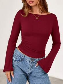 Fall New Arrival Women's Long-Sleeve Top Crop-Top Style Casual Outerwear Boat Neck With Bell Sleeves Ribbed Pleated Design Millennial-Inspired Fashion - 酒紅色 - 查看 3