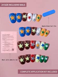 24片短椭圆形3D凝胶法式美甲贴纸，包含蓝色、红色、黄色、绿色、白色、银色星形图案和粉色公主风，完美适配亚克力假指甲，内含1片果冻胶和1个指甲锉，适合女性和女孩日常、旅行和派对美甲使用。 - 彩色 - 查看 7