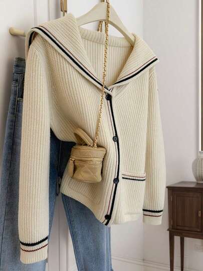 JIANHU 奶油色水手领针织开衫 - 秋冬款，黑红条纹饰边，4 颗纽扣 | 圣诞派对和校园约会