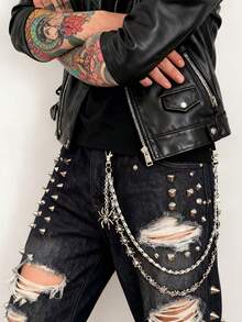 1pc Y2K Dark Style Men's Silver Waist Belt, Personalized Street Punk Waist Chain With Spider Pendant Accessory, Double-Layer Metal Long Pants Chain - Silver - View 8