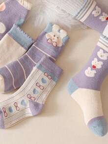 5双装加厚棉质冬季儿童袜，保暖卡通兔子图案女童袜