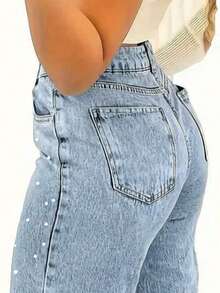 Women's Multi-Pocket Straight Jeans With Pearl Design, Women's Casual And Versatile Jeans Pantalones De Mujer Jean - 淺色水洗藍 - 查看 3