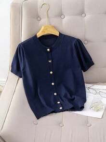 Blusa de punto acanalado con botones y mangas abullonadas, estilo universitario casual de unicolor - azul real - Ver 1