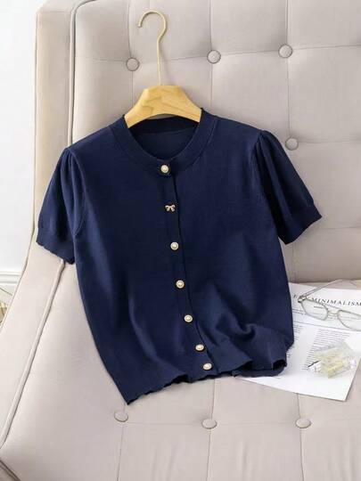 纯色纽扣前开襟罗纹针织学院风休闲泡泡袖上衣