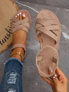 女士新款圆头套脚平底拖鞋，简约搭扣平底凉鞋，时尚简约平底凉鞋，舒适休闲旅行沙滩鞋，有白色、棕色、黑色、豹纹、碎花图案可选，适合春夏穿搭 - 卡其色 - 查看 2