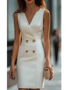 女士纯色优雅双排扣无袖连衣裙，适合办公室穿着 白色 - 白色 - 查看 2