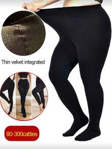 Leggings Plus Size com Forro Térmico Grosso para Mulheres de 36 a 113 kg, Calças de Cintura Alta com Estribo, Macias e Confortáveis em Fleece para Outono/Inverno, Também Disponíveis em Versões de Primavera/Lã Fina. - Preto - Ver 1