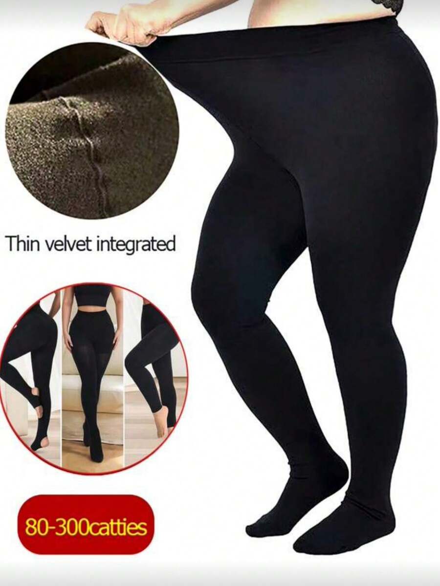 Leggings Plus Size com Forro Térmico Grosso para Mulheres de 36 a 113 kg, Calças de Cintura Alta com Estribo, Macias e Confortáveis em Fleece para Outono/Inverno, Também Disponíveis em Versões de Primavera/Lã Fina. - Preto - Ver 1