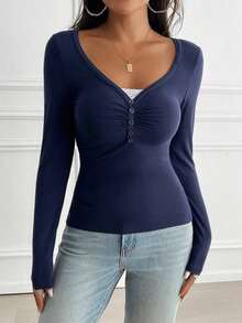 Women's T-Shirt Y2K Fall Clothes Casual Daily Sexy Solid Color Lace Contrasting Color Slim Long Sleeve V-Neck Top - 藍色 - 查看 5