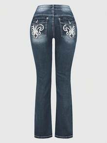 Women's Stretch Flared Jeans - Mid-Rise Double-Button Fly With Embroidered Pockets Bootcut Denim With Tummy-Smoothing & Butt-Lifting Design Curve-Hugging Flared Style For A Sexy Silhouette Essential Piece For Date Night - 中等水洗藍 - 查看 5