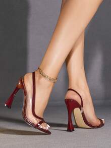 Jin Bei Qi 女士尖头纯色漆皮透明玻璃鞋跟套脚露趾户外派对细高跟凉鞋，独特鞋跟设计，优雅时尚，适合派对、宴会、浪漫场合，酒红色 - 酒紅色 - 查看 6