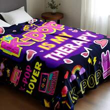 1件K-POP主题柔软绒毯，深蓝色底，饰以霓虹粉、黄色图案 - 轻盈透气，四季皆宜，非常适合沙发、床、沙滩、露营、万圣节和生日礼物，可机洗 - 彩色 - 查看 12