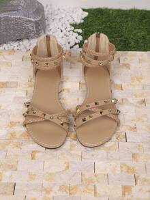 Buckle Rivet Flat Roman Sandals For Women, New Spring/Summer Bohemian Style Backless Strap Open Toe Shoes - Apricot - View 6
