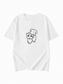 日系女式宽松休闲圆领卡通印花短袖T恤，春夏款 白色 - 白色 - 查看 4