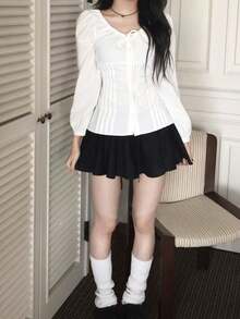 French Style Puff Sleeve 3/4 Sleeve Bowknot Waist Slim Fit Blouse For Women - White - View 8