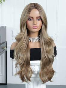 Peruca sintética castanha de 71 cm (28 polegadas) de comprimento, com risca ao meio e cabelo encaracolado loiro, adequada para uso diário feminino, cosplay, natural e realista, ideal para Halloween, Natal, Ano Novo, Carnaval, festivais de música, formatura, feriados e um presente perfeito para meninas e mulheres. - Castanho - Ver 5