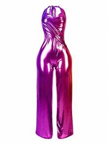 Women's Fashion Sexy Metallic Futuristic Music Festival Style Open Back Draped Neck Jumpsuit Summer Elegant - 玫紅色 - 查看 6