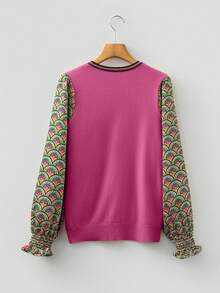 Acelitt Women's Autumn Floral Print Puff Sleeve Patchwork Knit Crew Neck Sweater, Dark Green - Hot Pink - View 5