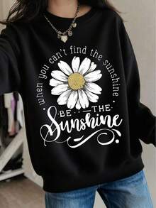 1pc Girls' Inspirational Daisy Graphic Print Crew Neck Sweatshirt, Soft & Comfortable, Casual Wear For Spring/Autumn - Black - View 1