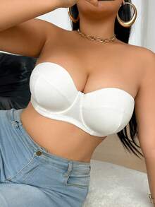 1pc Women's Solid Color Ribbed Molded Cup Wireless Comfortable Plus Size Bra - White - View 4