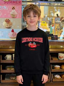 Disney "Cars"  Children's Hoodie: Red And White Racing Elements Restore The Classic Animation, Front And Back Prints, Suitable For Both Boys And Girls, Perfect For Festivals, Machine Washable, Casual And Versatile. - 黑色 - 查看 3